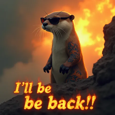 0. 「I’ll be back!!」
Prompt: The otter stands at the edge of a cliff, staring back over its shoulder with a menacing smirk. Its sunglasses reflect a fiery horizon, and its tattoos depict a phoenix rising from flames. Smoke rises from the background as the o...