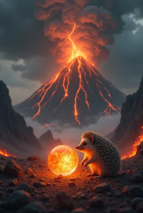 A vertical image depicting an active volcanic landscape with a massive volcano erupting streams of lava under a dark, stormy sky filled with black clouds and striking lightning. In the foreground, baby hedgehog is look curiously gazing at a glowing red cry...