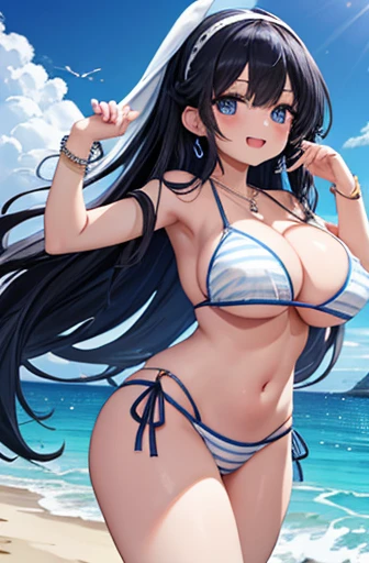  top quality、 top quality、masterpiece、Beauty(Age 25)、dark blue long hair、 blue eyes、Sexy White Bikini(dark stripe )、Big cleavage、(Big Breasts)、smile、 blue necklace、 blue earrings、background( Beach )、 please open your mouth wide、 white headband、 bracelet 、 ...