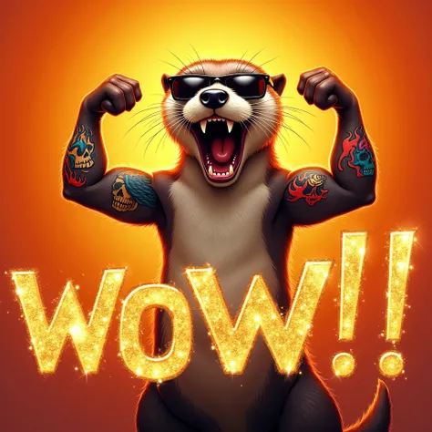 . 「Wow!!!!」
Prompt: The otter flexes its biceps dramatically, its colorful tattoos of flames and skulls glowing under the light. Its mouth is open in an exaggerated "Wow!!!!" expression, with the sunglasses reflecting a bright flash. The text "Wow!!!!" is ...