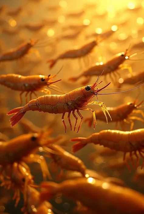 A school of shrimp joyfully swimming through a vast ocean of golden Bitcoins. Abundance, wealth, opportunity, digital art, shimmering effect.