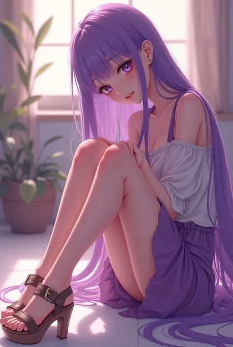 character: Ladyboy from anime com with Loli style hard point with your legs you must show us your feet long and silky violet-colored hair with sensual and attractive makeup Showing the wood wedge heels platform sandals fron 16cm , five toes on each foot , ...