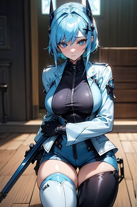 nsfw, Very beautiful woman,  light blue hair, blue eye,  (Very exquisite beautiful face and eyes), hair ornament ,  head gear,
(White blazer , black short shorts, black thigh high boots,  Black gloves,  ), front of a shop window,  Cowboy Shots ,  
(Best Qu...