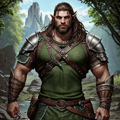 Portrait of a (half-orc (male) warrior), front view, (medium shot:1.3), one person standing, stooped build, tall and muscular build, long messy dark brown hair and beard, thick bushy eyebrows
BREAK
green eyes
BREAK
olive brown skin, pointed ears, (huge hyp...