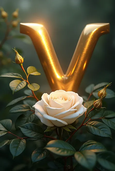 A golden V and M .  A white rose in moonlight and sunlight.
 HAWDORLEAVES IN THE BACKGROUND 