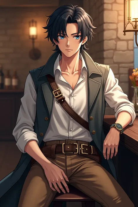  Inspired by the steampunk subgenre and Victorian-era Europe, create in anime style a young adult of average height and athletic body, with fair skin,  blue eyes and wavy black hair of medium size .  He will be wearing simple white shirts and brown pants ,...