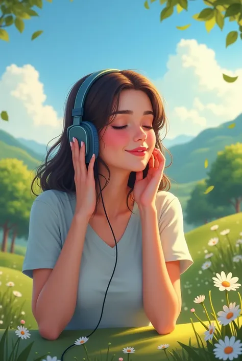  music on a headset (Pretty and cute girl listening to ) (Nice background scenery)