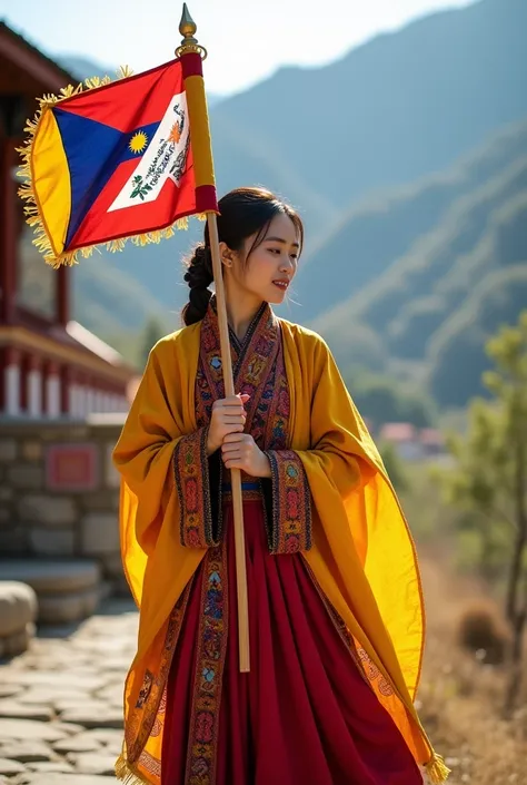 A wish card on the National Day of Bhutan and there should be a person holding the flag of Bhutan and it should say happy National Day  the person should wear the traditional dress of Bhutan  it should be clear