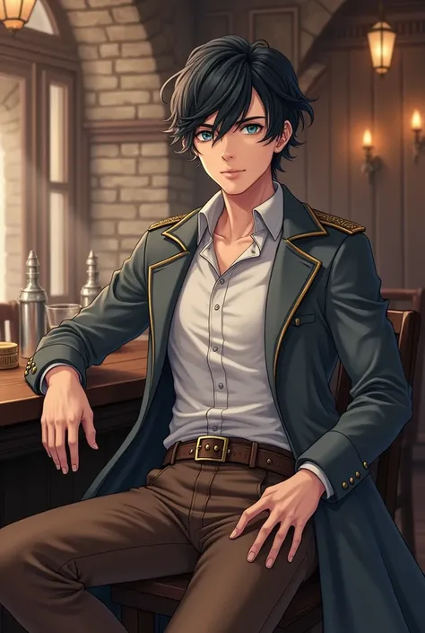  Inspired by the steampunk subgenre and Victorian-era Europe, create in anime style a young adult of average height and athletic body, with fair skin,  blue eyes and wavy black hair of medium size .  He will be wearing simple white shirts and brown pants ,...