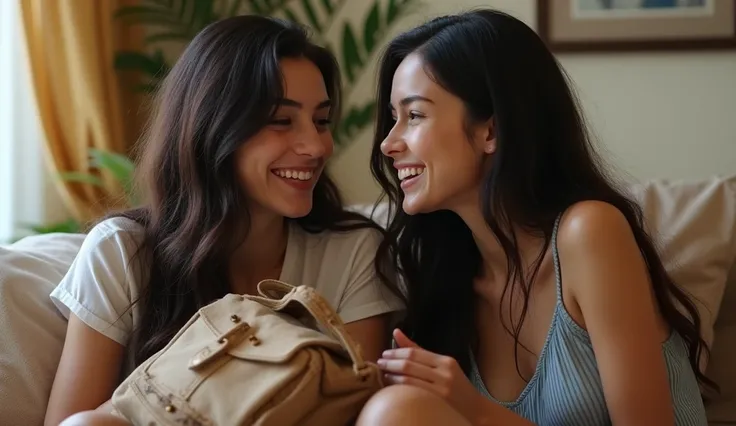 Two beautiful white girls, with sharp jawline and black hairs sitting in the hostel room laughing while holding a torn poor bag. realistic scene
