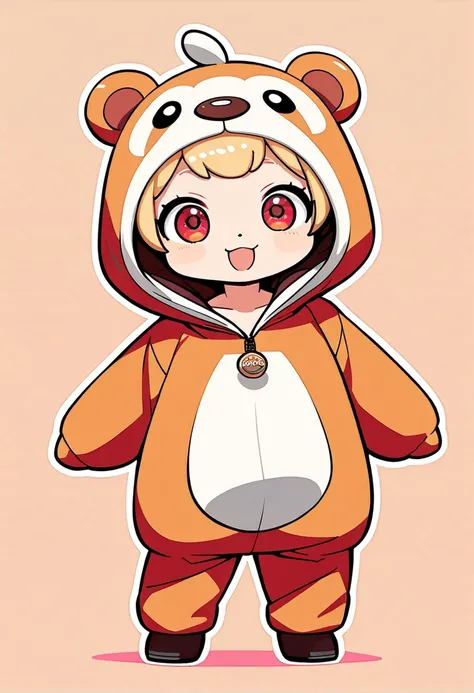 (chibi:1.3),girl, 1 poler bear girl, (tween), (blonde hair), (red eyes), ahoge, antenna hair, short hair, (hood, hoodie), poler bear cartoon-character costume, poler bear mascot costume, poler bear kigurumi, joyful, happy,(solid background, plain backgroun...