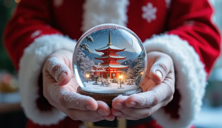 A snow globe in Santa’s hands showing a wintry Japanese pagoda surrounded by glowing lanterns and falling snow. 16k