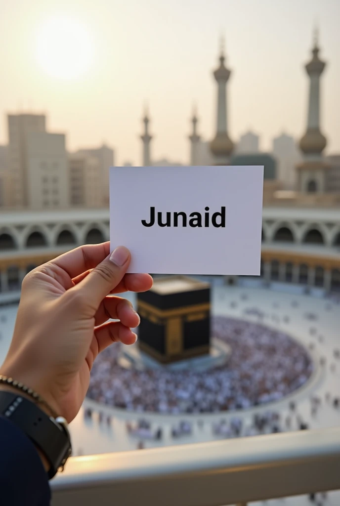 A person is holding on hand a white card and says "Junaid" in front of a makkah. The person wears a watch and bracelet on their wrists