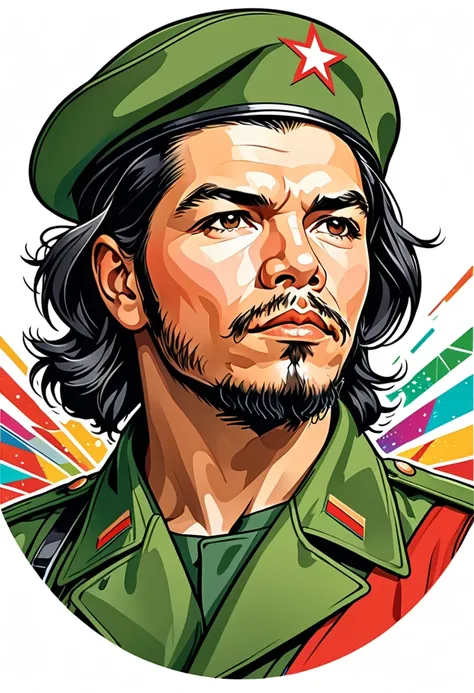 circle shaped sticker, Vector Art, 40 years old revolutionary Che Guevara, military outfit wearinf green beret，Color illustrations, In the center, Vibrant colors, High Detail, white background
