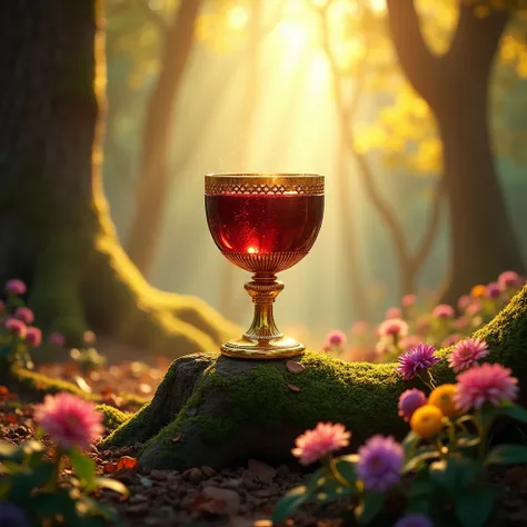 A golden goblet, overflowing with rich, crimson wine, stands elegantly on an ancient tree trunk in a sunlit forest. The sunlight filters through the canopy above, casting warm, golden rays that dance on the goblet’s surface and spill onto the moss-covered ...