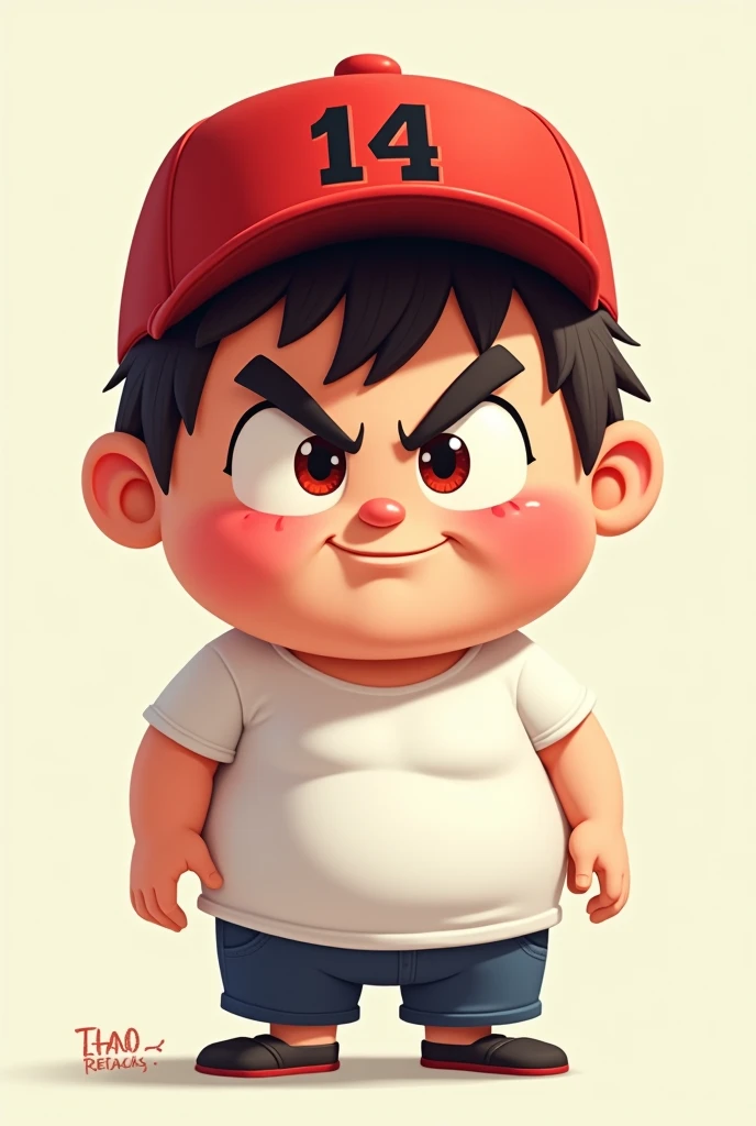 2D cartoon of tall, fat boy with big cheeks,  white t-shirt and red cap with the number 14 , with an evil eye 