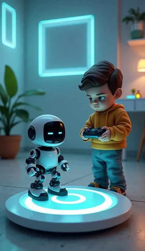 The small humanoid robot is plugged into a sleek, glowing charging dock with wires and illuminated energy bars indicating its recharging. Its eyes are off, and its posture is lifeless. The boy is standing nearby with a mischievous yet puzzled expression, h...