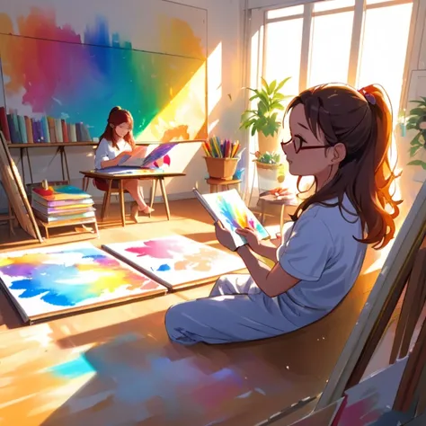 A vibrant art studio with Eliza energetically painting on a large canvas, Sam sitting nearby reading a book, soft sunlight streaming in.