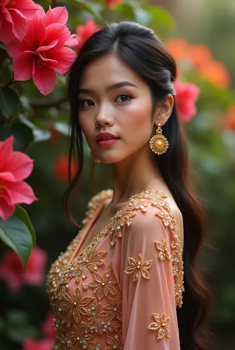 Real photo of a beautiful Indonesian face girl wearing black color kebaya with gold ink color beads beground begounvil flowers colorful color opaque super quality UltraHD 