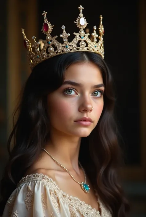  A beautiful 15-year-old girl with dark long hair in a bohemian dress, Princess,  crown on head,  high crown ,  The high crown has an elongated vertical shape , with peaks ,  gradually rising up .  The central peak may be the tallest ,  symbolizing the sup...