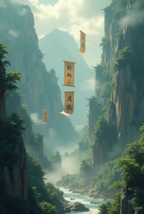 The background of “mountain” ，"Sea"，The three words “sutra” float in the air ，The background is uneven mountains composed of several Chinese dragons