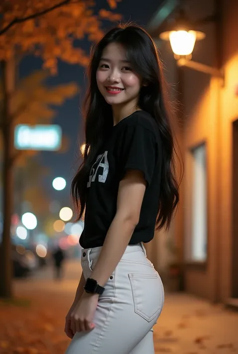 full body photography ,  A Korean woman is very beautiful, ((fat face girl )),  long straight bushy hair in black ,  wearing a black t-shirt inscribed with letters "A", black watch,  white jeans , boots.  Background of Hybe Korea building .  Autumn leaves ...