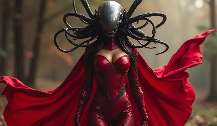 hybrid of Scarlet Witch with the Xenomorph head, while still emphasizing her iconic, feminine appearance. big boobs, hot, sexy, She retains her iconic red costume with a corset-like structure and flowing red fabric. The Xenomorph influence is subtle, espec...