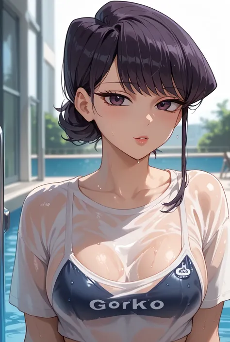 Komi Shoko got wet and her white clothes were transparent