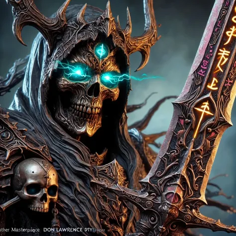 the undead knight behemoth, hyper realistic, masterpiece Don Lawrence style with glowing eyes and mystical symbols on its sword