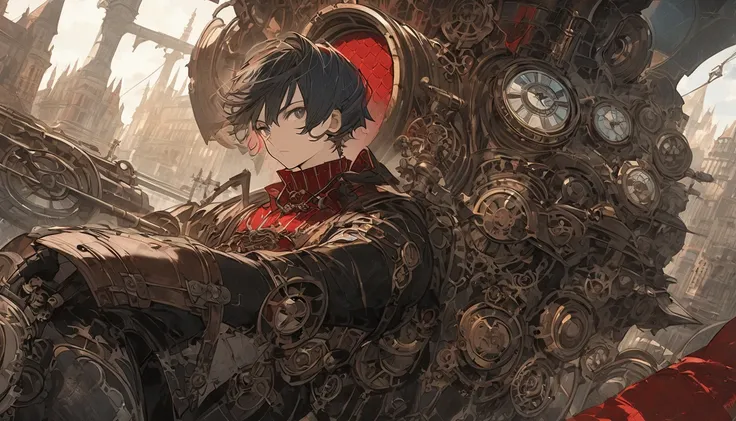 Create an anime-style illustration of a gothic-style young man with short hair riding a steampunk-style plane.
The plane design combines mechanical and vintage elements typical of steampunk, such as gears, clock parts, and steam pipes, with the iconic feat...