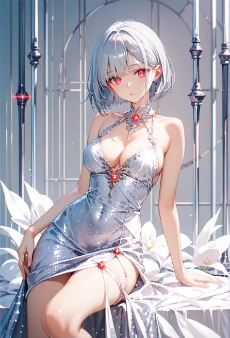 intricate details, delicate features,1girl, Alone,silver hair, red glowing eyes, bob cut sharp facial features, breasts,porcelain skin,breasts,1girl, solo,lead glass glitter dress,white heels,gorgeous dress,