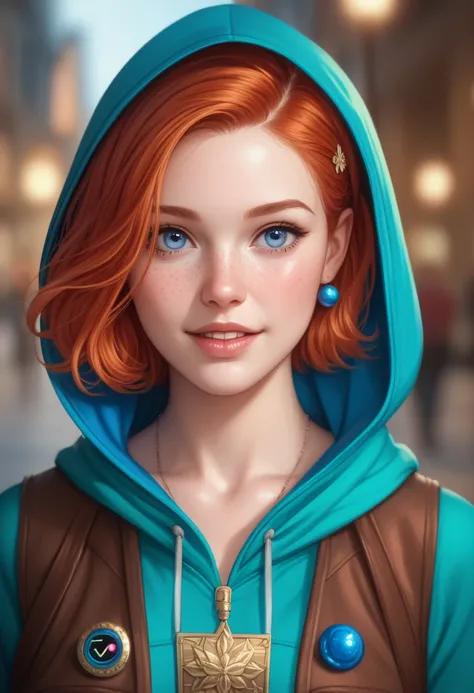 (realistic oil art, image up to the waist, 20-year-old princess, Norwegian, blue eyes, vibrant look, redhead, short hair), ezio auditore tunic, hooded, black, brown, red details, ornaments, freckles on 10% of the cheekbone, perfect face, critical camera, b...