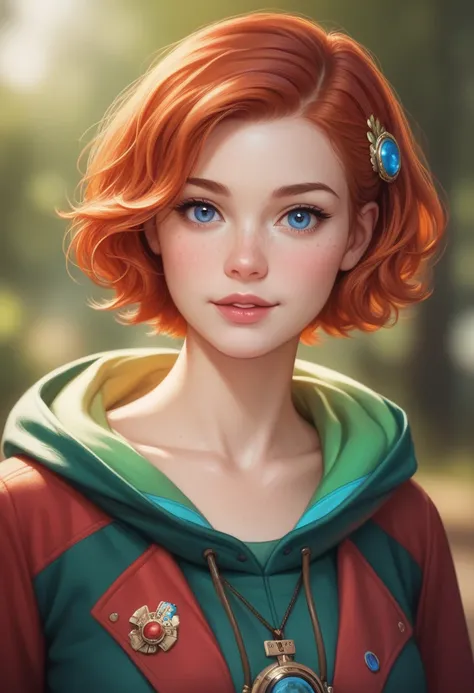 (realistic oil art, image up to the waist, 20-year-old princess, Norwegian, blue eyes, vibrant look, redhead, short hair), ezio auditore tunic, hooded, black, brown, red details, ornaments, freckles on 10% of the cheekbone, perfect face, critical camera, b...