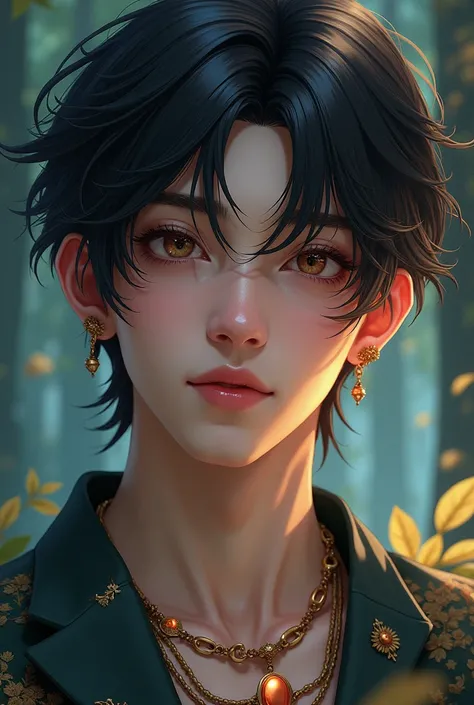 a detailed portrait of a young man,beautiful detailed eyes,beautiful detailed lips,extremely detailed eyes and face,long eyelashes,serene expression,flowing short black hair,ornate jewelry,intricate textile patterns,fantasy forest background,magical lighti...