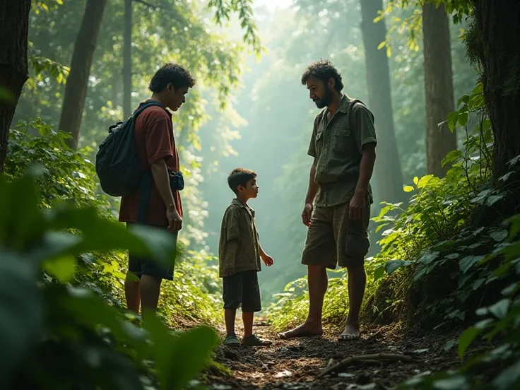 A  boy was found by two loggers in the middle of the forest. realistic, Photography, HD, Indonesian style 