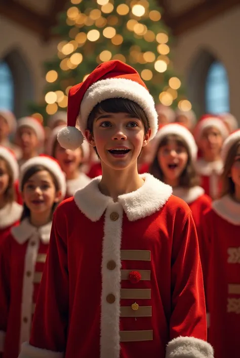 A teenage boy with Santa hat and Santas shirt and make him having choir while celebrating Christmas