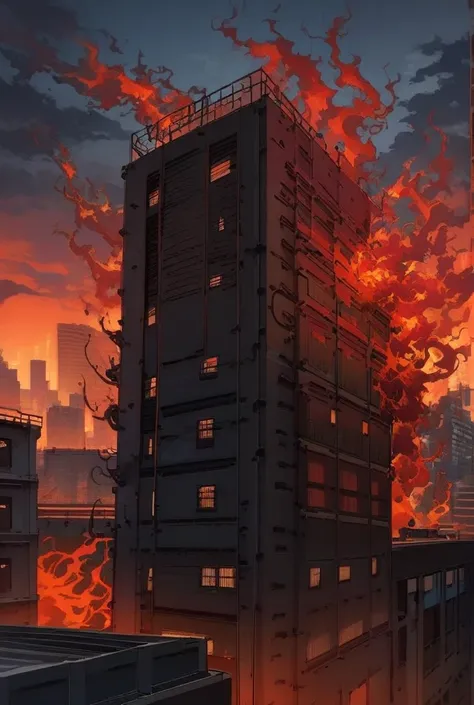 Hyun Cha stands on the rooftop of the apartment building at dusk, gripping a metal pipe. Behind him, a towering, skeletal monster with tendrils writhing in the air prepares to strike. The skyline is engulfed in fiery reds and oranges, contrasting with the ...