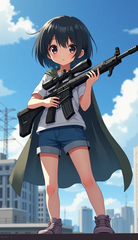 Whole body expression、 Japanese、woman、18 years old、 pretty girl、 black hair short hair、 a sniper with a huge rifle、Chibi wears T-shirts 、、 wearing shorts 、 short cloak 、The background is on the roof of a building 、