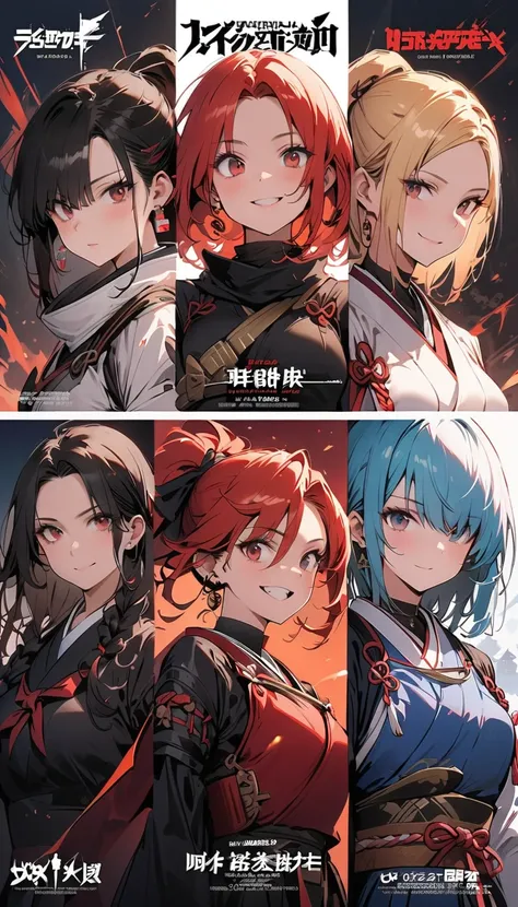 (7 split screen , created on 7 pages ,game),( beautiful girl : 1.3),7 girls,(samurai,warrior, Japanese Knife ,headband,Chest guard, earrings),Blonde, black hair,Brown Hair, Silver Hair, red hair,Blue Hair,Green Hair, ponytail, bob cut, Straight Long Hair ,...