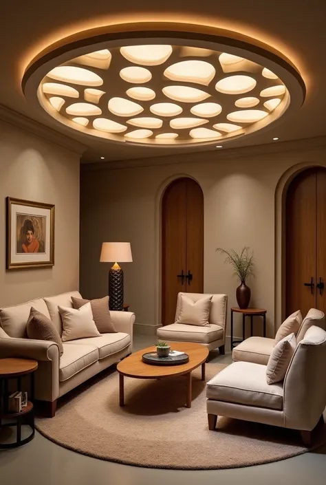 A room with furniture and ceiling design with drywall and indirect light and circular shapes 