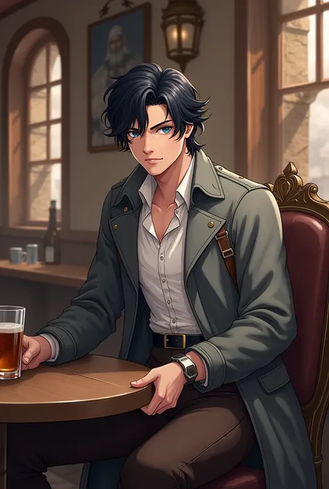 Inspired by the previous image and the steampunk subgenre and Victorian-era Europe, create, in anime style, a young adult of average height and athletic body., with fair skin,  blue eyes and wavy black hair of medium size .  He will be wearing simple white...