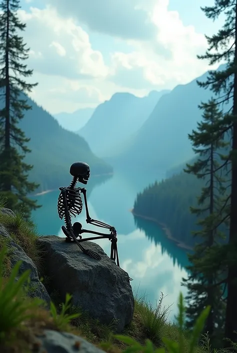 A cinematic photo of a skeleton sitting on the edge of a rock, with green grasses around, and watching the view of a lake and the beautiful scenery of landscapes. The skeleton is also surrounded by deep forest with tall trees forest .The landscape is surro...