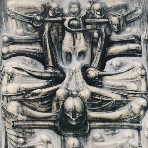 H. R. Gigers g1g3r, , Giger_style, H. R. Gigers g1g3r, , Giger_style, The image is a detailed view of H.R. Gigers " HRG NY CITY " plate, featuring ( image is a surreal and complex artwork featuring various human-like figures with skeletal features, interco...