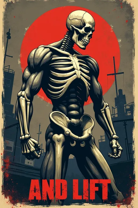 Make me an oldschool themed poster, Characterized by a very muscular skeleton. Gym ve rock müziğin birleştiği ve altında Gym and Lift 🤘🏻 yazan sert bir afiş hazırla