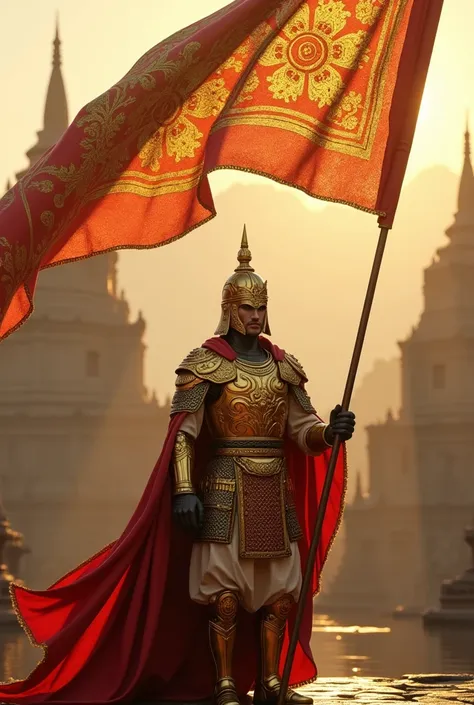 Elegant Bagan(Burmese) ancient soldier with golden armor and wearing a cape behind his is a great peafowl flag