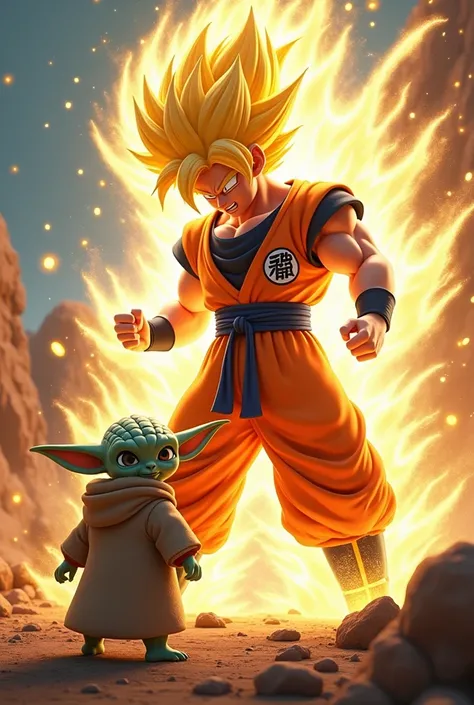 Grogu vs Goku Super Sayan 3D animated 