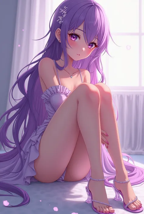 character: Ladyboy trap from anime com with Loli style hard point with your legs you must show us your feet long and silky violet-colored hair with sensual and attractive makeup Showing the crystal clear wedge heels platform sandals fron 16cm , five toes o...