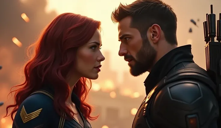 Black Widow and Hawkeye share a brief, intense look during the chaos, with a backdrop of destruction and fire. 