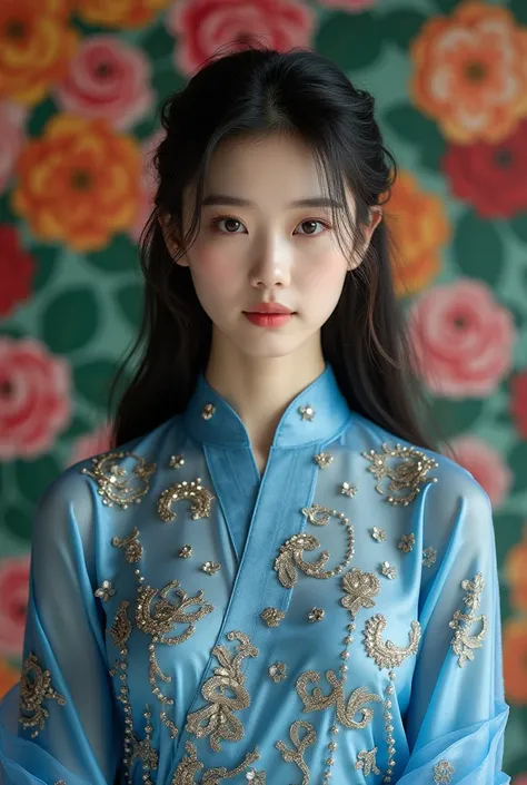 Real photo  full body of a beautiful korea face girl wearing blue color kebaya with gold ink color beads beground begounvil flowers colorful color opaque super quality UltraHD 