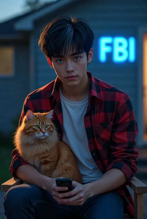 Semi realism - Handsome guy. Short black hair with white streaks and blue eyes. He is wears a red and black flannel button-down shirt with a white t-shirt with the bright blue neon name F B I in the background He sat on the wooden chair in front house hold...